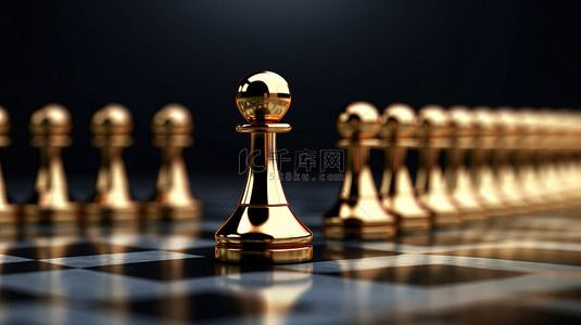 励志插图背景图片_一枚非凡的金色国际象棋棋子 新颖和独立思考的独特象征 迷人的全景 3D 插图