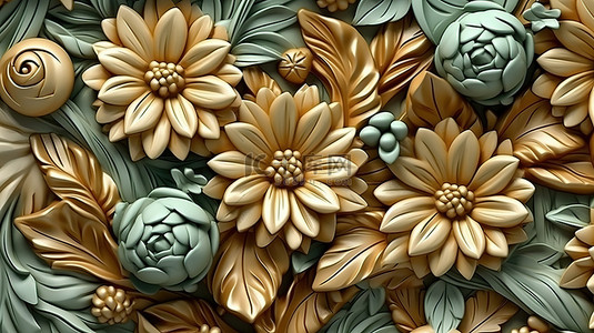 新艺术风格灵感花卉背景复古 3D 插图优雅的装饰花卉设计