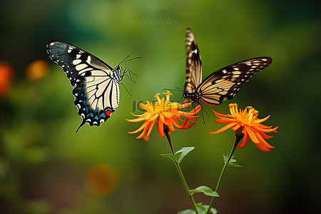 蝴蝶黑白背景图片_两只黑白蝴蝶盘旋在色彩缤纷的花朵上方