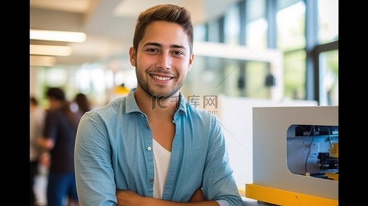 大学生学生背景图片_站在 3D 打印机旁边的笑容灿烂的工程系学生