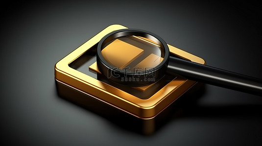 黑色方形 ui ux 设计元素中闪亮的放大镜符号 3d 渲染按钮