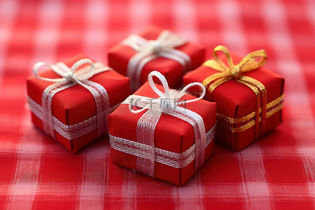 圣诞节格子背景图片_红色格子布上的 3 件红色礼物
