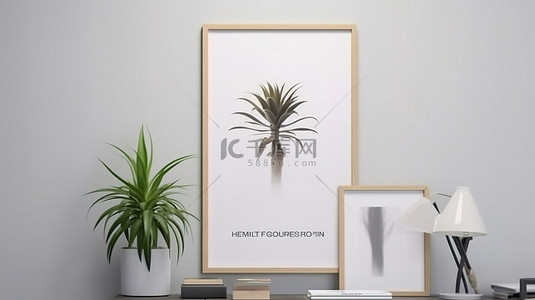 现代海报框架模型在白墙上的 3D 渲染，室内空间采用简约的室内植物
