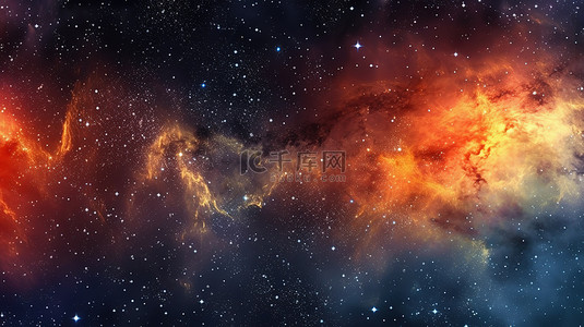 繁星点点的夜空和光芒四射的黄色红色星系水平背景横幅，上面有银河和宇宙的令人惊叹的 3D 插图