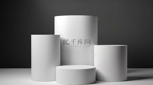 三个图背景图片_3D 抽象背景上的三个白色圆柱形讲台组