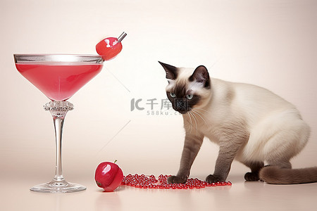 红色叶子装饰边条背景图片_暹罗猫和穿着高跟鞋的红色鸡尾酒