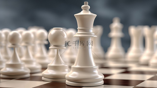 3D 插图描绘了一系列白色棋子中的著名国际象棋国王