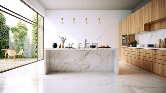 浅色和木质厨房中大理石厨房岛柜台的 3D 渲染