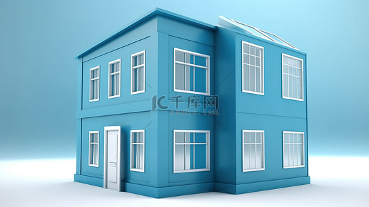 房屋插画背景图片_带有 3d 窗口的蓝色房子图标渲染