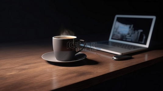 电脑桌桌面背景图片_3d 渲染中的桌面场景笔记本电脑和咖啡杯