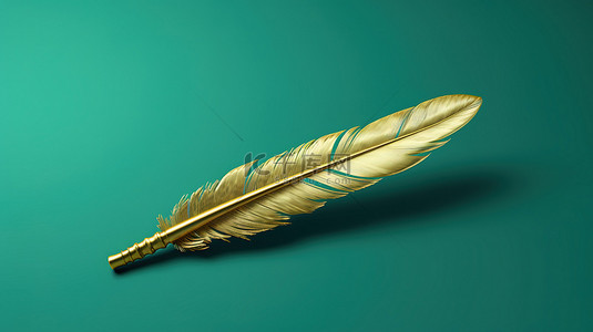 羽毛图标背景图片_福尔图纳金羽毛与潮水绿色背景 3D 渲染的社交媒体图标