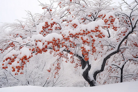 冬天柿子树背景图片_一棵被雪覆盖的橙色糖灌木树