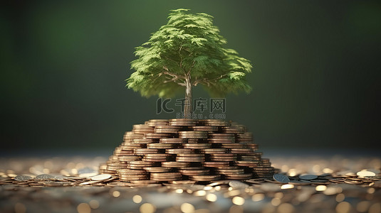 金钱管理背景图片_3D渲染中描绘的金钱树在一堆硬币上从小到大生长