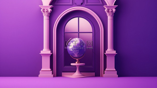 3D 逼真的矢量插图地球仪和拱形门在充满活力的紫色背景下