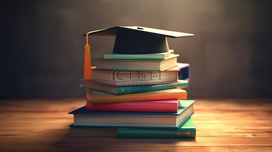 具有毕业帽和书籍渲染的逼真 3D 教育概念