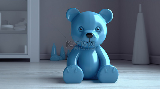 一只玩具熊躺在蓝色地板上的 3D 渲染