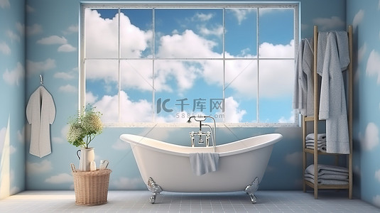 高架浴室休息浴缸，可欣赏天空景观，悬挂衣服和郁郁葱葱的盆栽植物 3D 渲染