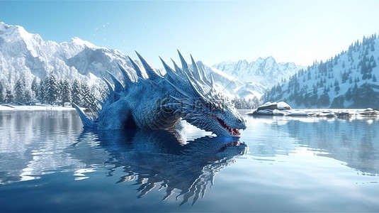 冰冻湖面倒映的雪山映衬下的龙剪影的 3D 渲染