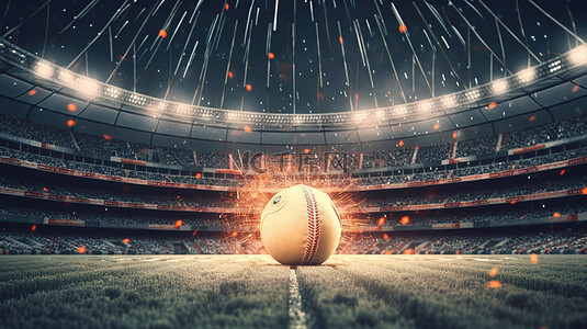 闪烁灯光和球照亮的板球场的 3D 渲染