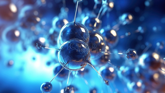 蓝色发光背景下科学概念分子结构和原子的 3D 渲染