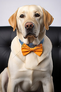 一只黄色拉布拉多犬，穿着蓝色西装，打着领结