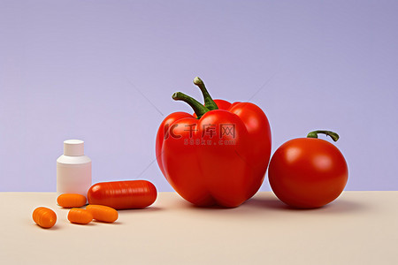 药丸食品摄影旁边的红辣椒和西红柿