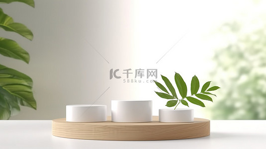天然产品展示，配有木制讲台和白色 3D 渲染绿叶背景