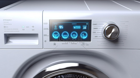 带显示面板的现代白色洗衣机的特写 3D 渲染