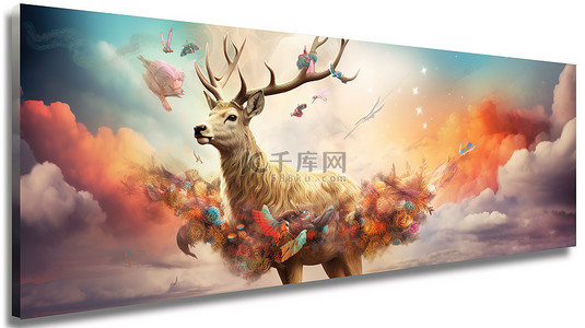 多色水彩花朵背景图片_画布上异想天开的艺术金鹿多色羽毛和阳光明媚的天空