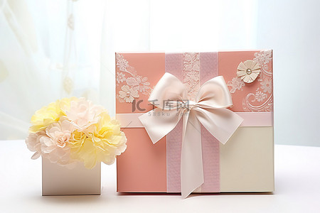 蝴蝶结背景图片_一个漂亮的纸质礼盒，上面有蝴蝶结和鲜花