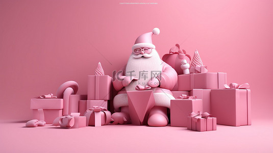 祝福插画背景图片_圣诞老人在粉红色背景 3d 渲染图像中的一堆礼品盒中放松