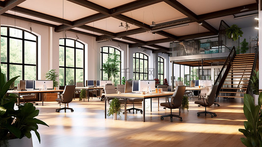 3D 渲染的联合办公空间探索带有联合办公桌的开放式内部空间