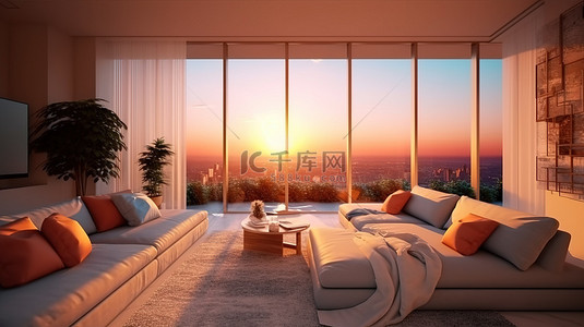 阳光明媚的公寓客厅的 3D 渲染插图，配有现代豪华室内设计和日落景观