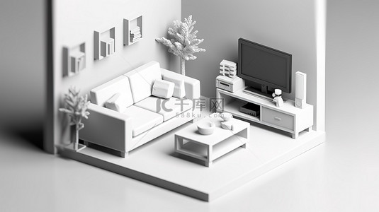 生活图标背景图片_带电视和沙发的微型客厅的单色白色等距 3D 图标