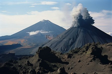 剪不断的乡愁背景图片_空中拍摄的一座大火山，云层和岩层不断升起