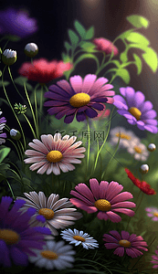 紫色植物装饰背景图片_小雏菊白色粉色紫色植物可爱的花卉背景