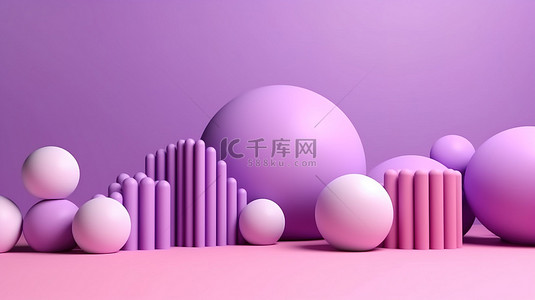 紫罗兰色紫色背景 3d 渲染上的简约粉色几何形状