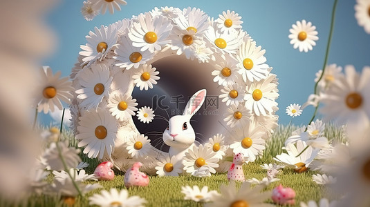 复活节兔子耳朵从雏菊花中的一个洞中冒出来的 3D 插图，有开放空间