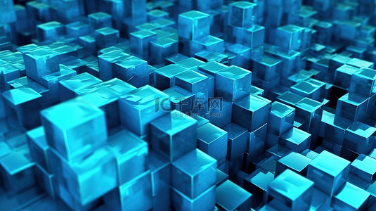 抽象背景 3D 立方体以青色和蓝色挤压水平放置