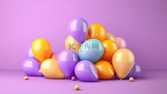 气球紫色背景图片_紫色场景水平横幅中充满活力的生日气球，带有 3D 插图