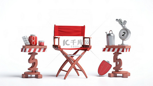 探索电影世界的不确定性导演椅电影拍板和聚光灯上的红色问号白色背景 3D 渲染概念