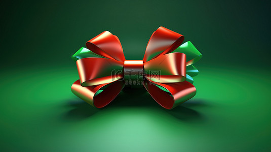 绿色格背景图片_节日 3D 圣诞节设计，绿色背景上有蝴蝶结和丝带