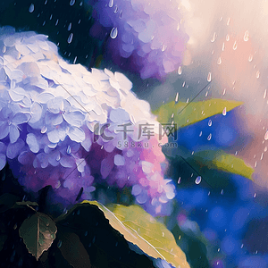冬天鲜花背景图片_雨滴绣球花油画花卉背景