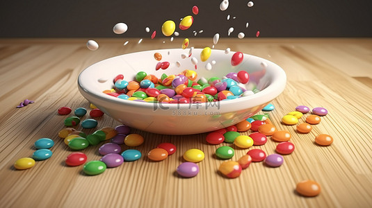 白色瓷碗和木板上的彩虹色糖果瀑布 3D 渲染