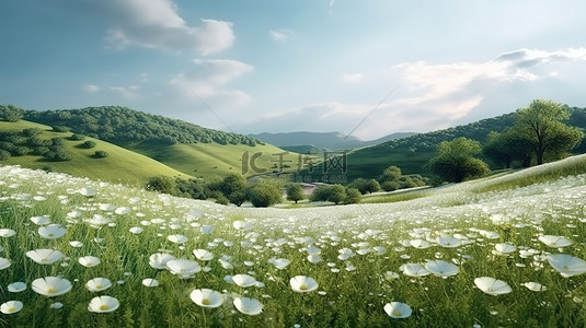 春天山丘背景图片_3D 渲染白花充满景观，连绵起伏的山丘和郁郁葱葱的绿草