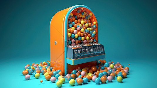 蓝色背景上带有橙色点唱机的彩色球系列的 3D 渲染
