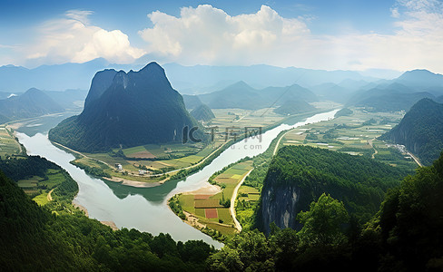 浙江特产背景图片_从浙江南部的山腰看一条河
