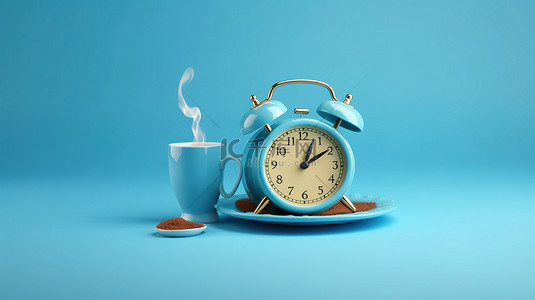醒来并闻到咖啡杯的咖啡 3D 渲染效果，作为蓝色背景上的闹钟