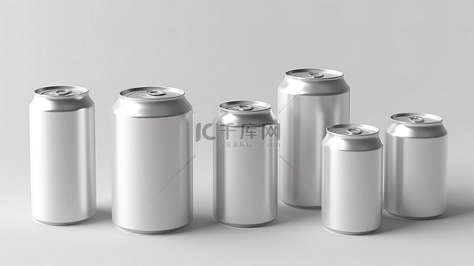 使用 3D 图形创建的一系列空铝制饮料罐，在纯白色背景上带有水滴