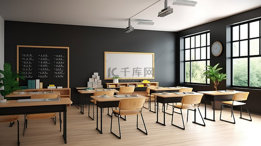 现代教室布局，配有时尚的书桌舒适的座椅黑板时钟和门 3D 模型视图